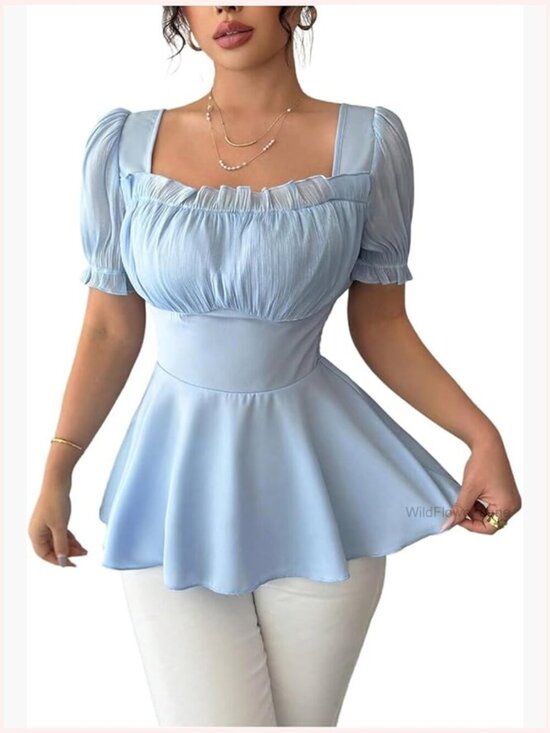 Tops - Women's Elegant Peplum Top with Puff Sleeve and Ruched Bust